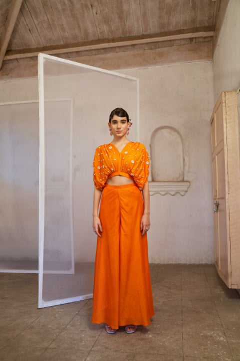 Orange Gathered Crop Top with Palazzo Set