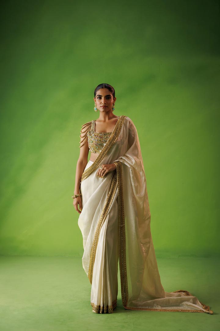 Beige tissue stone embellished saree set