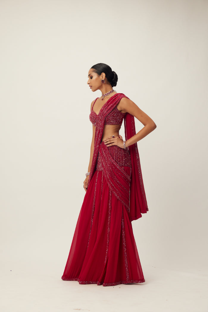 Ruby Red Pre Draped Crystal Embellished Saree Set