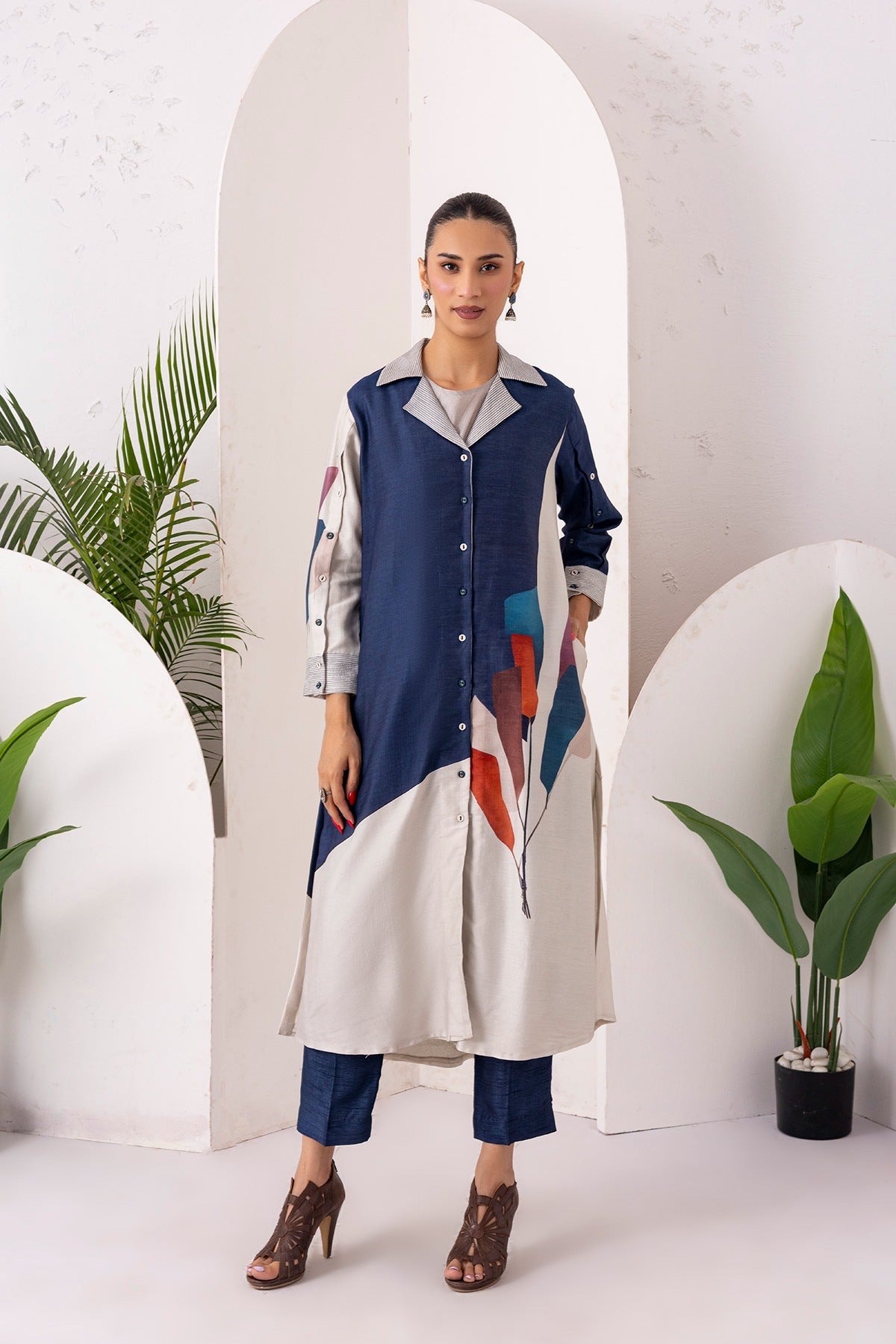 Blue & Ivory Silk Chanderi Printed Front Open Dress Set (3 PCS)