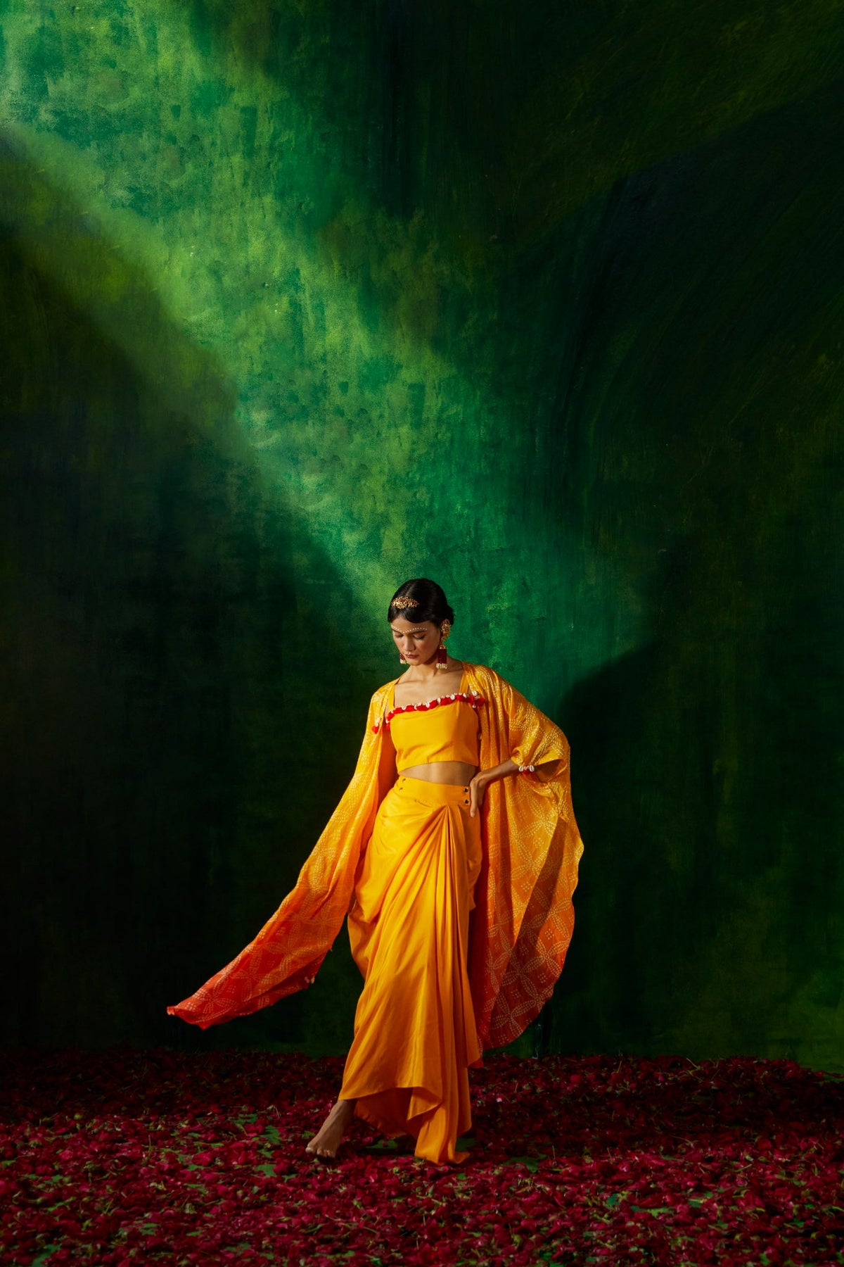 Bandhni cape set with drape skirt