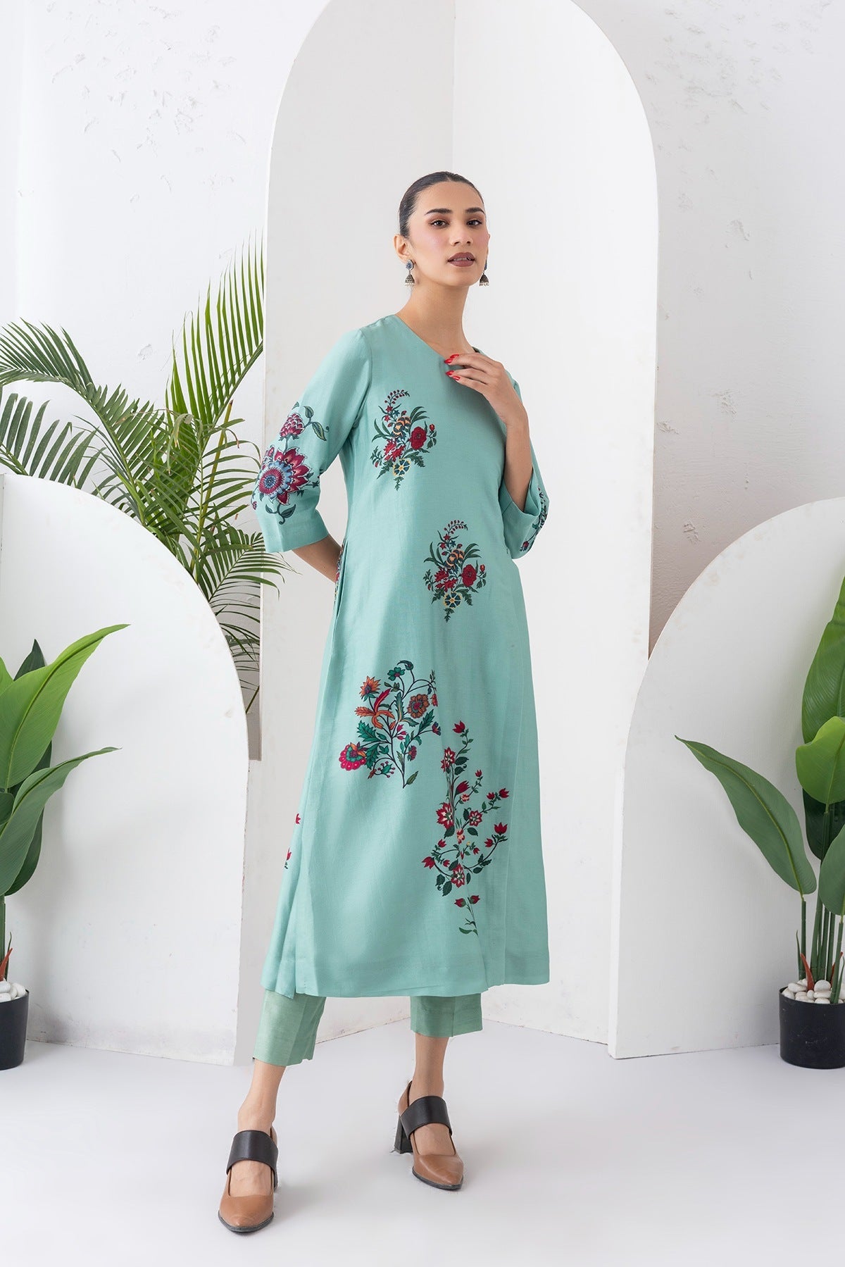 Mint Silk Chanderi Floral Boota Printed Dress Set (2 PCS)