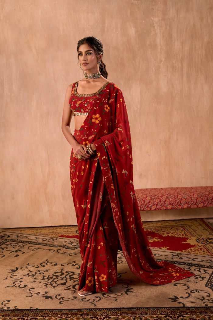 RED PRINT EMBROIDERED CHOLI WITH PRE-DRAPED SARI SET - image 1