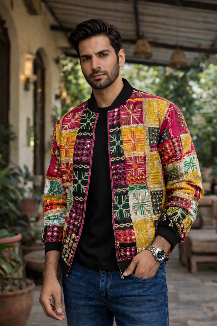 Veer Phulkari Patchwork Bomber Jacket - Luxury Men's Outerwear