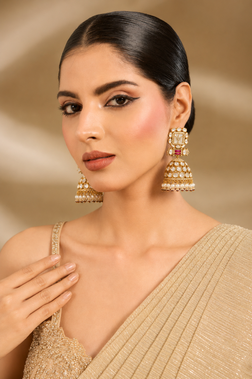 Polki Jhumka Earring with Pearl Fringe
