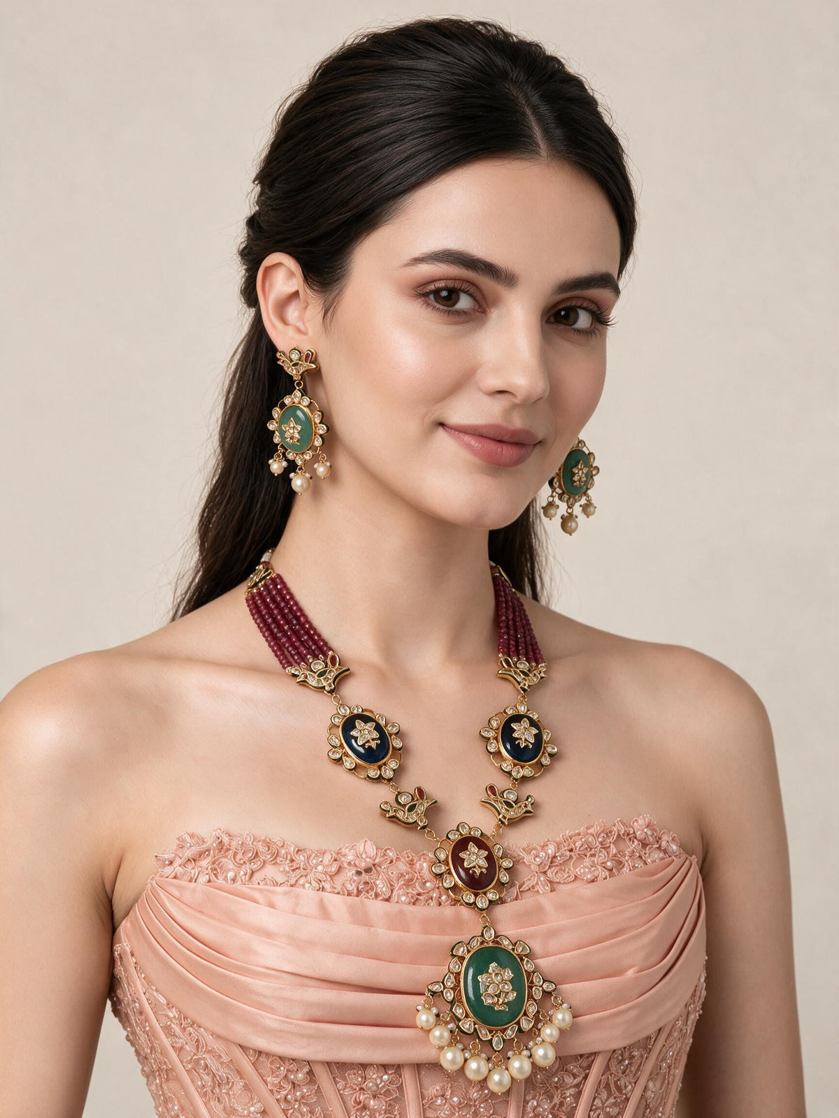 Kundan Ruby Beaded Long Necklace Set
