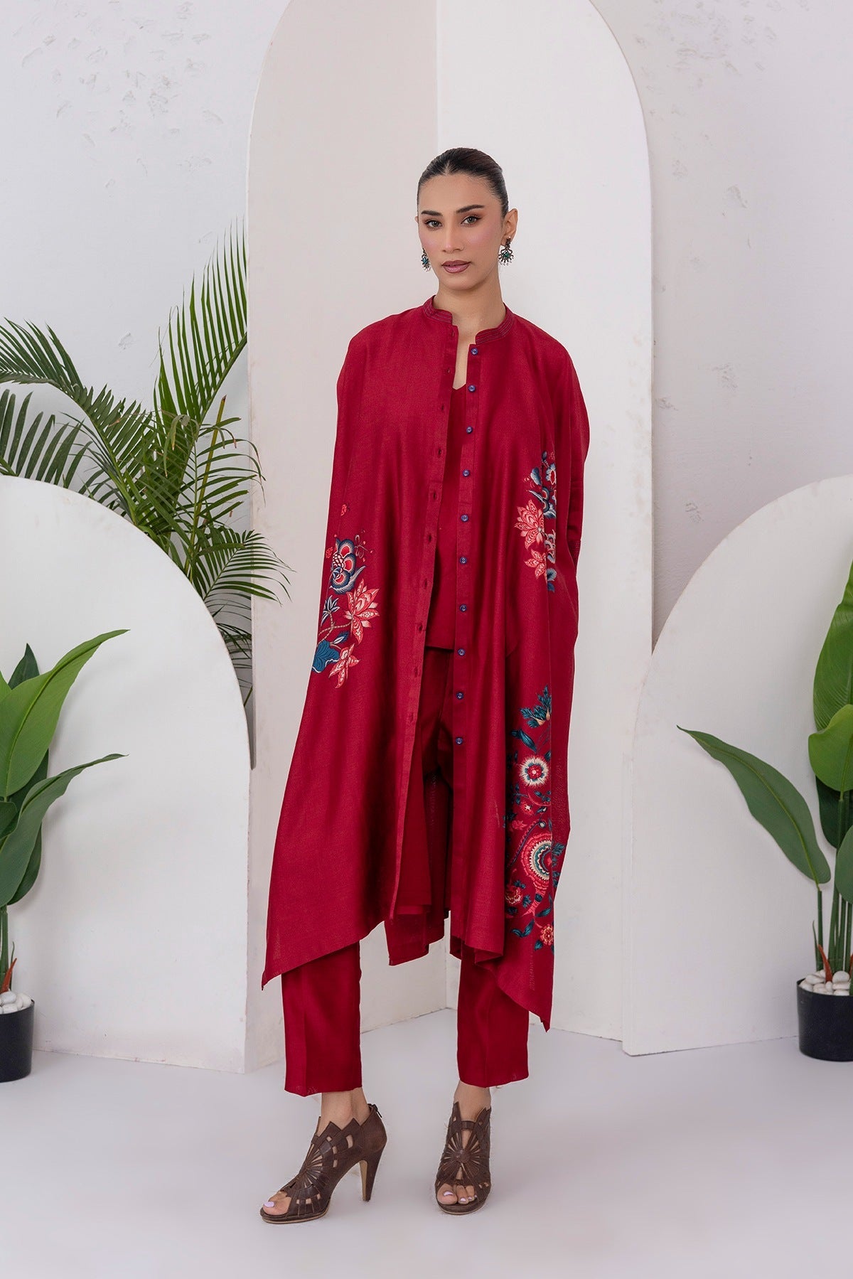 Maroon Silk Chanderi Printed Kaftan Style Dress Set (3 PCS)