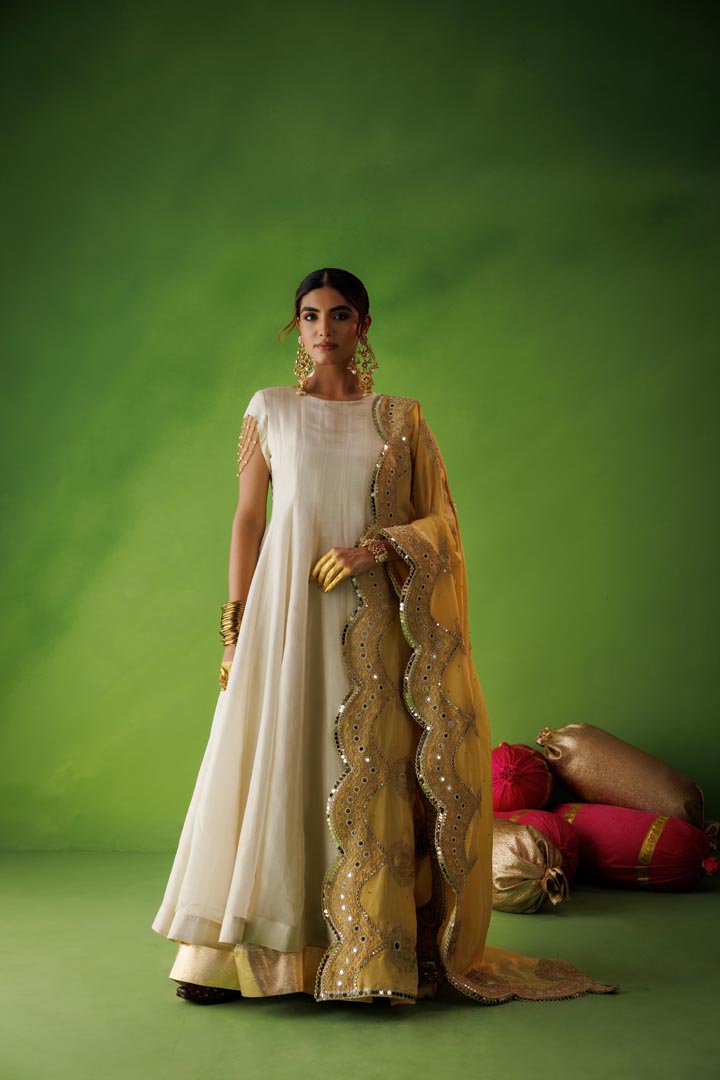 Beige tissue anarkali with yellow dupatta