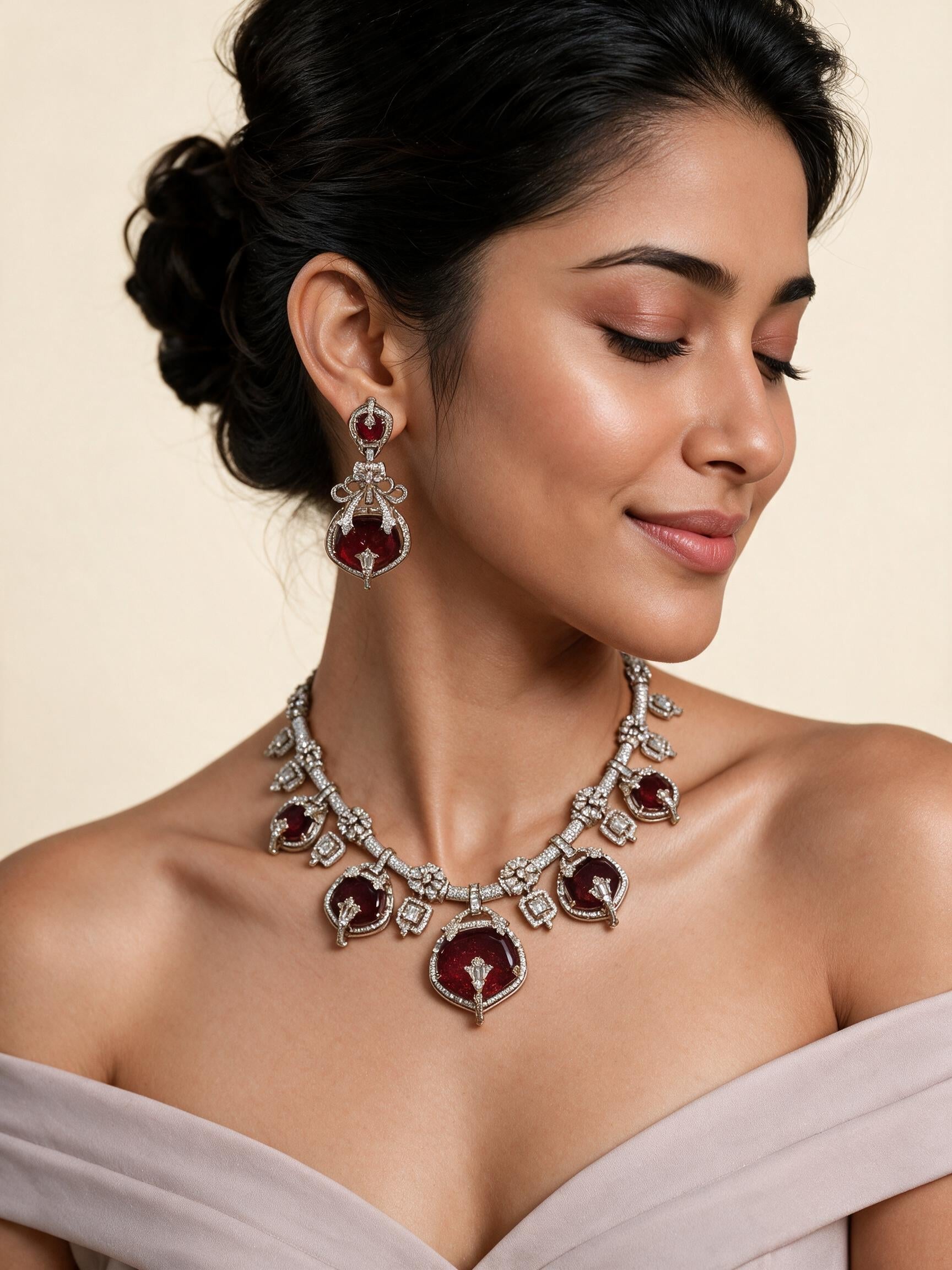 Ruby Semi-Precious Stone Moissanite Necklace Set
