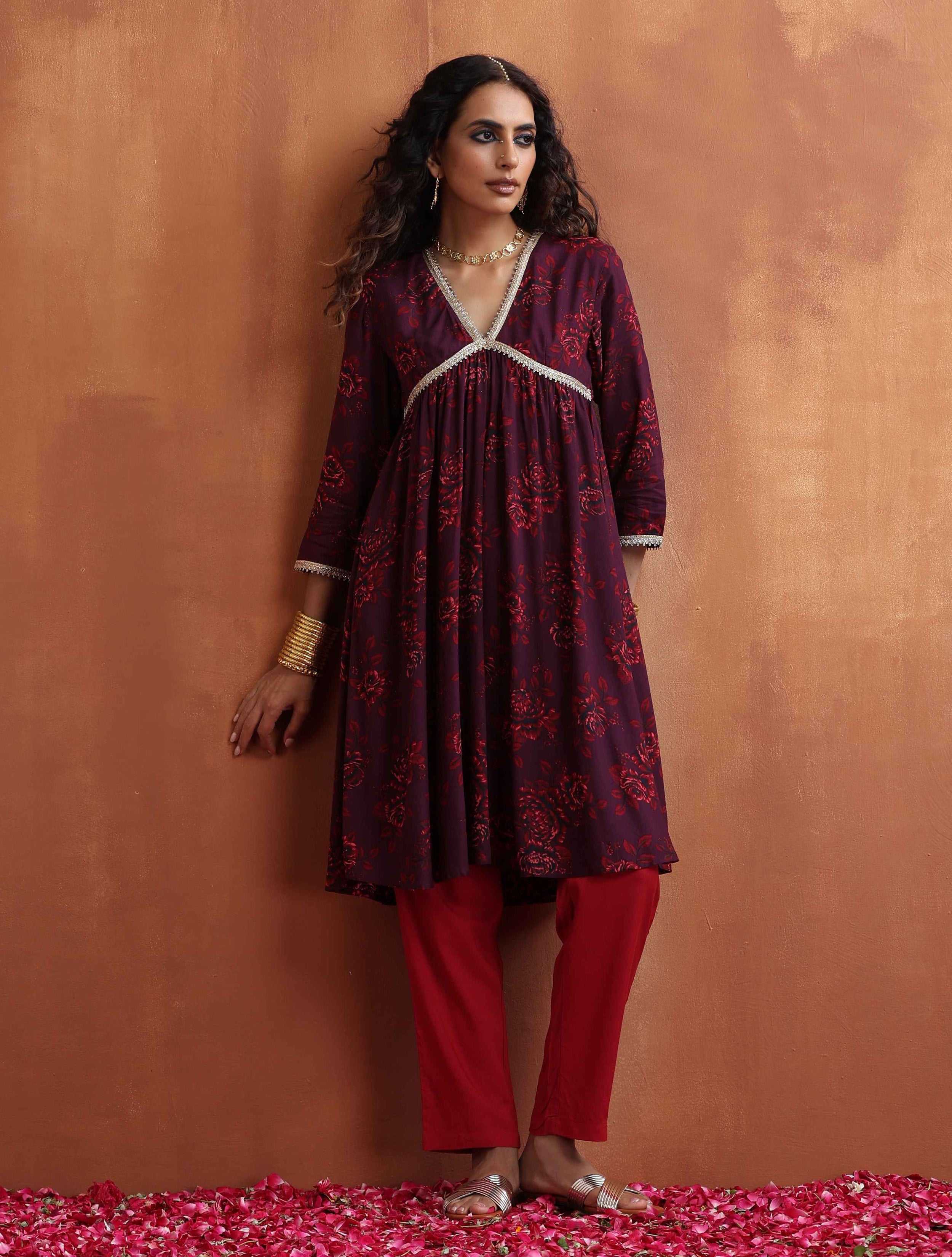 trueBrowns Purple Floral Print Arkali Kurta Co-ord Set