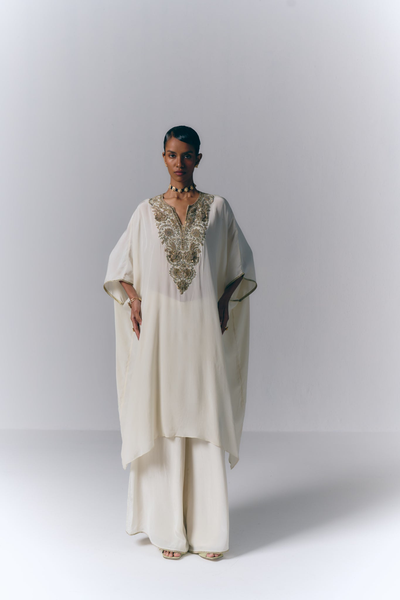 Ivory Embroidered Kaftan Set