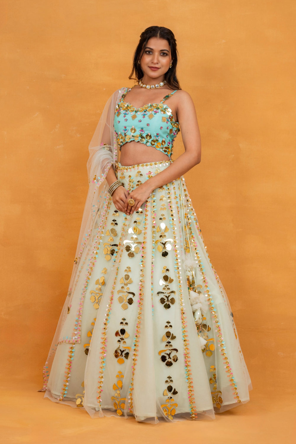 Blue & Off-White net lehenga choli with acrylic work