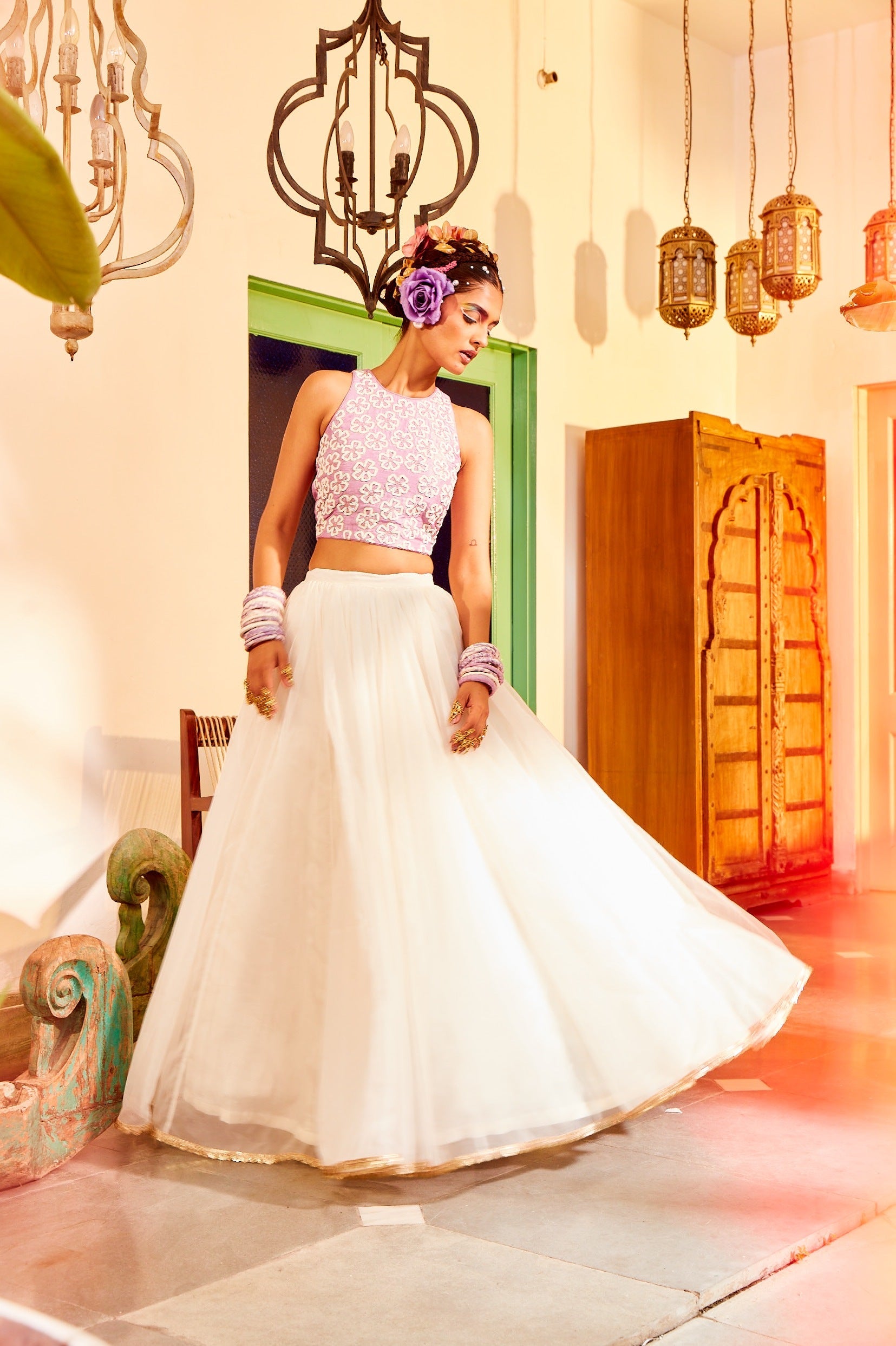 Lilac Crop Top With Ivory Lehenga.