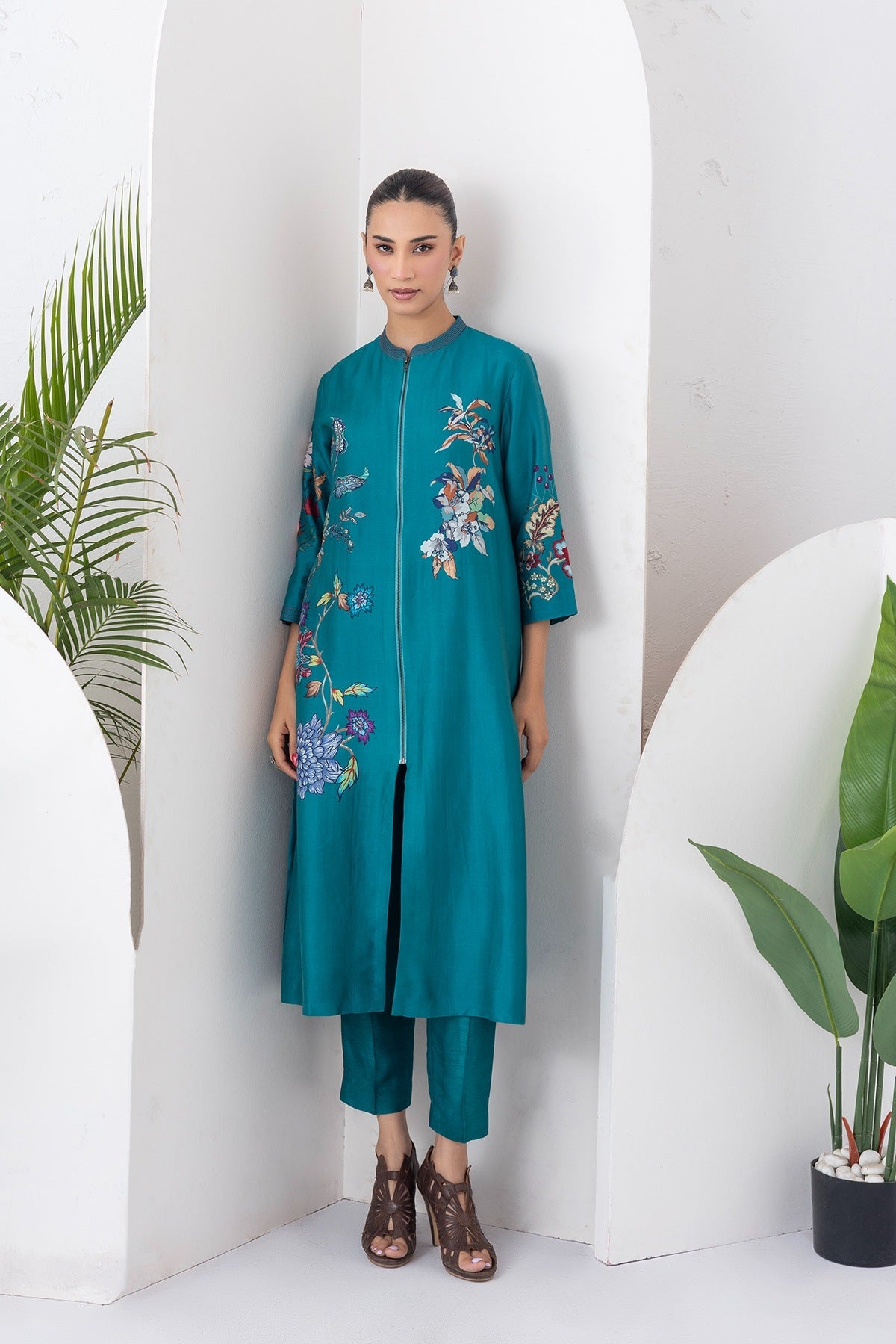 Emerald Silk Chanderi Floral Printed Front Open Dress Set (3 PCS)