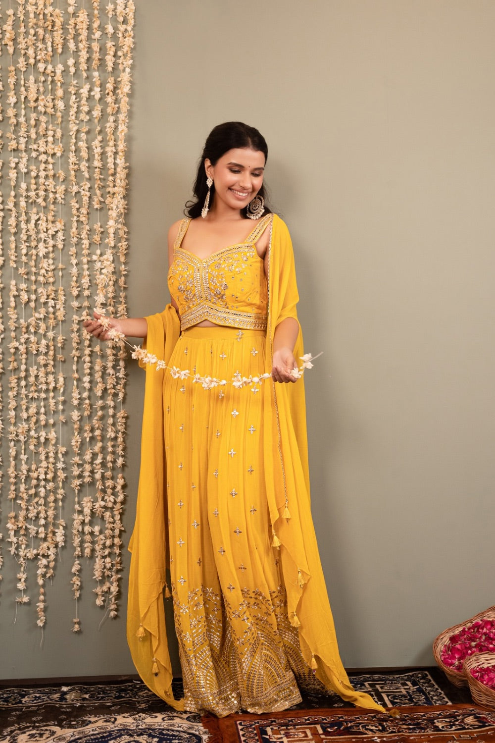 Yellow Indo western with machine and mirror work