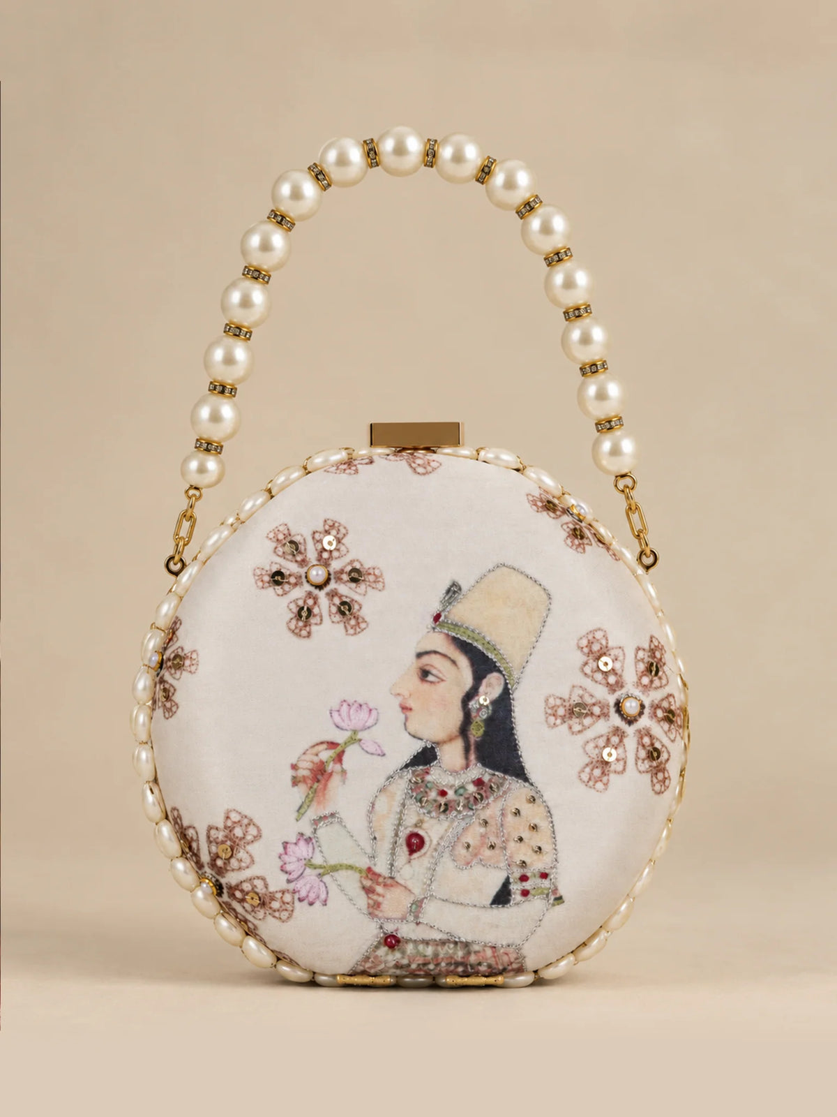 Ivory Miniature Art Round printed Clutch Bag with Pearl and Gold Chain