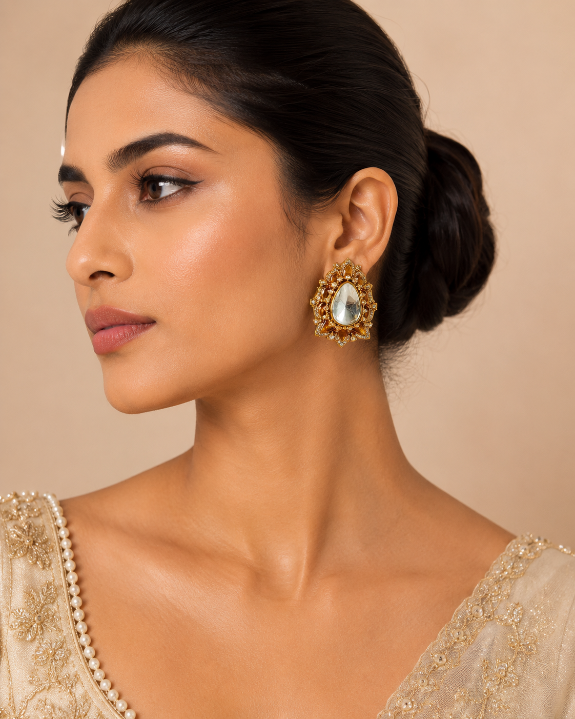 Pear Cut Polki Floral Stud Earring