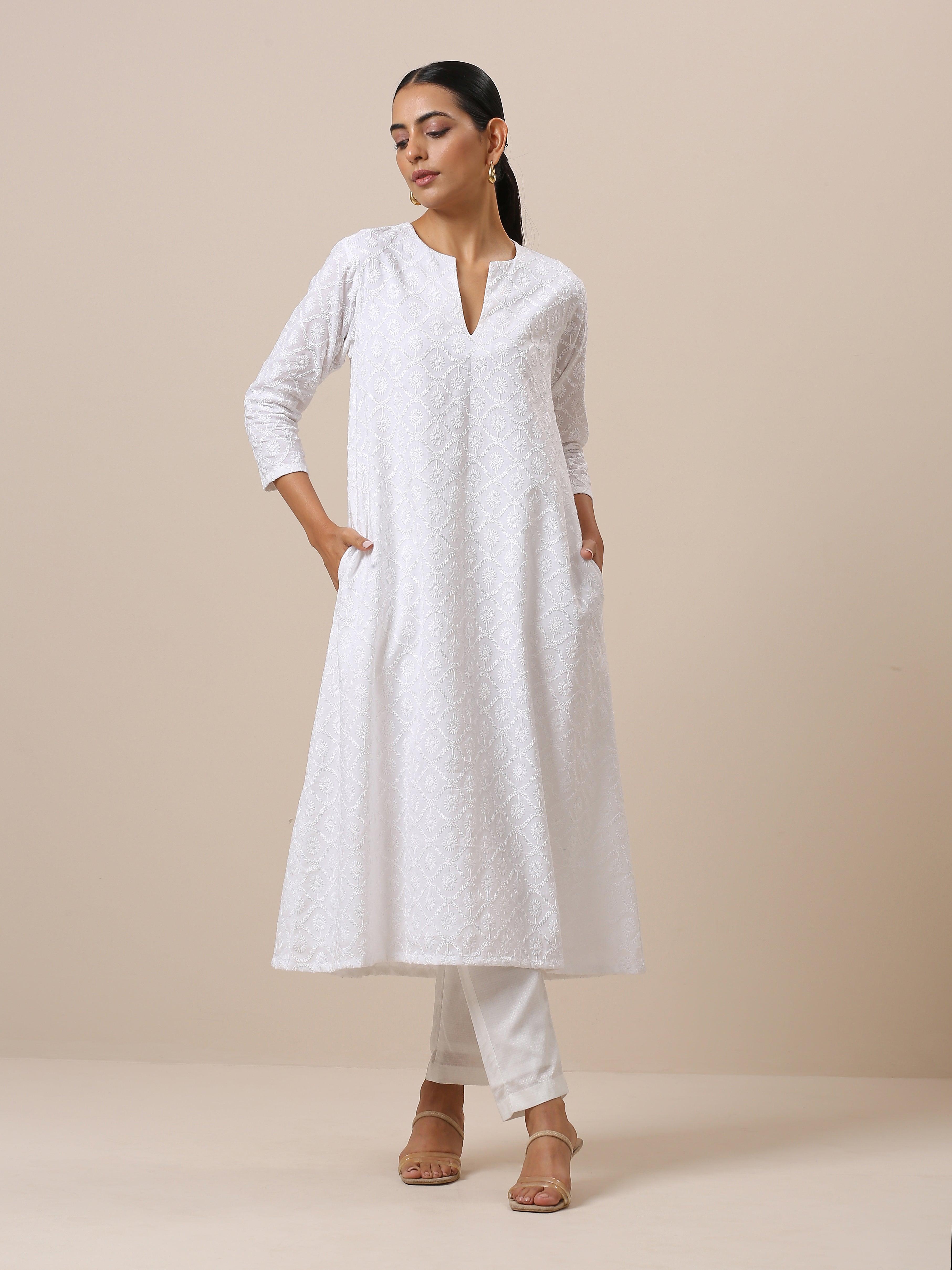 Cotton White Embroidered Flared Kurta Pant Set - trueBrowns