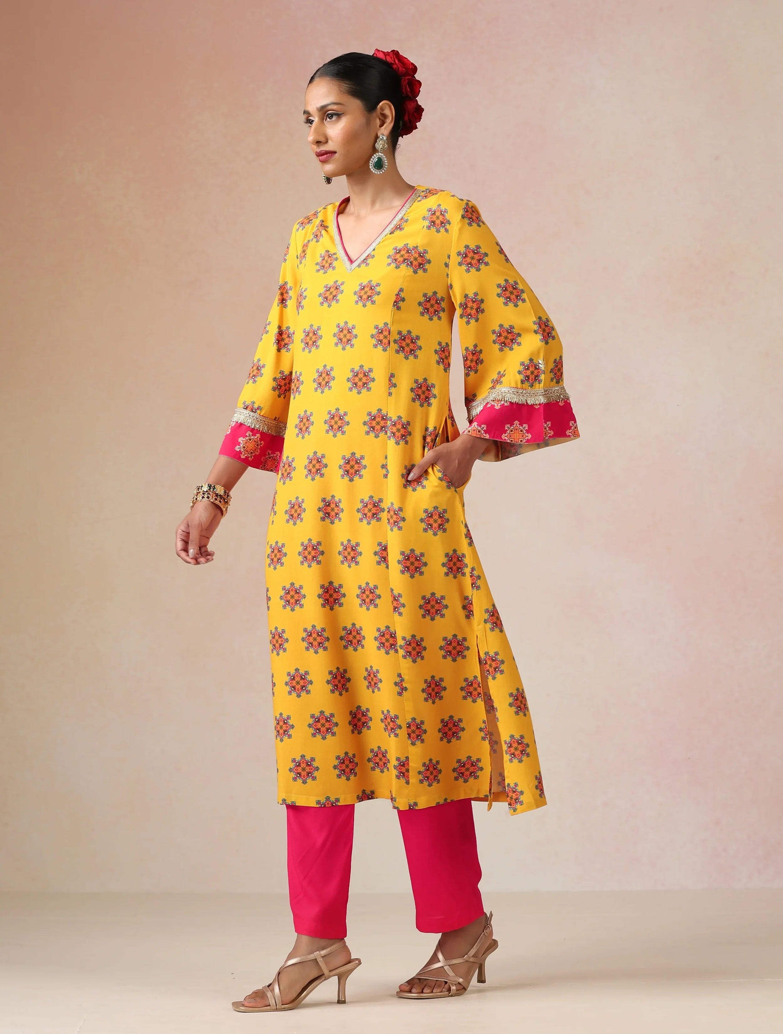 trueBrowns Yellow Boota Print Viscose A-line Kurta Set