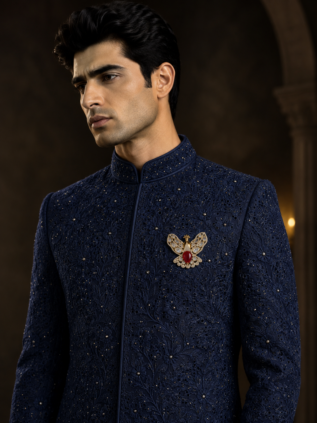 Gold Plated Stone Peacock Motif Brooch