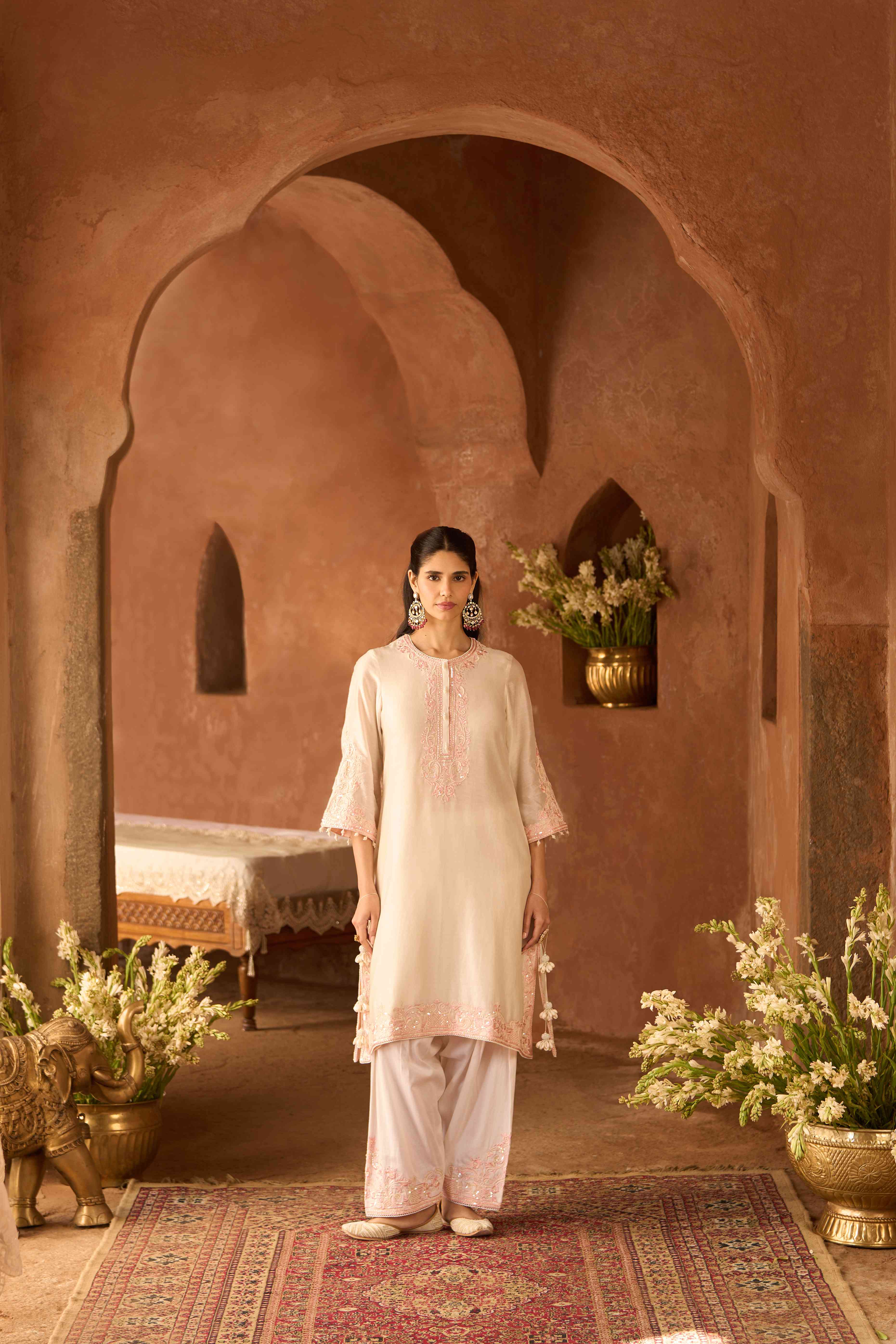 HANI - DAISY IVORY WITH PINK A-LINE KURTA WITH SALWAR AND DUPATTA