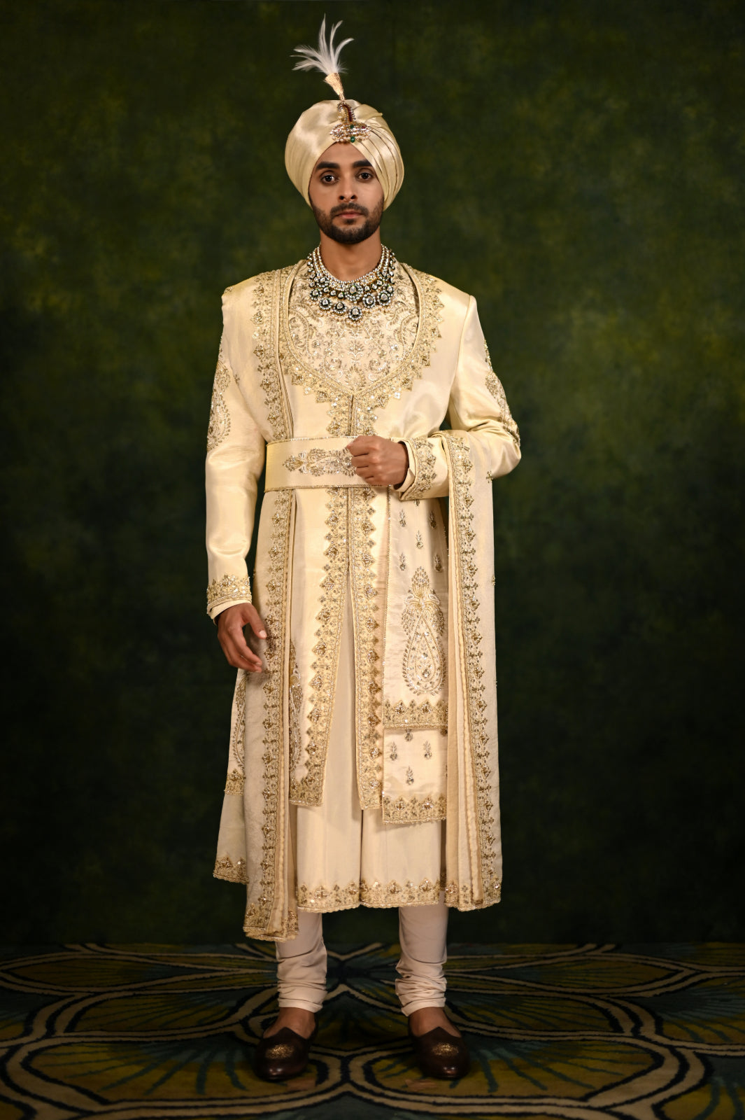 gold tissue angrakha style sherwani set