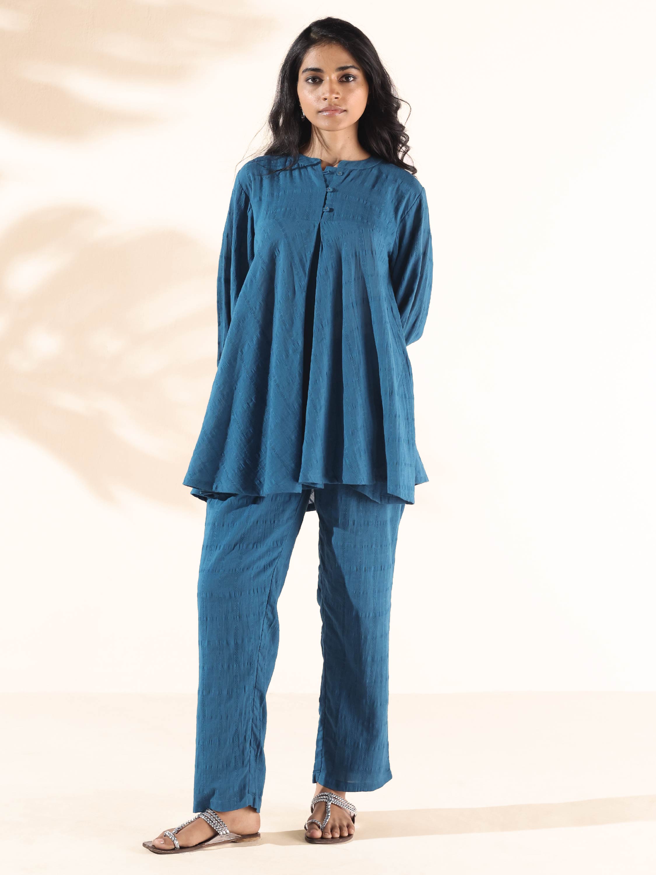 trueBrowns Blue Cotton Dobby Yoke Co-ord Set