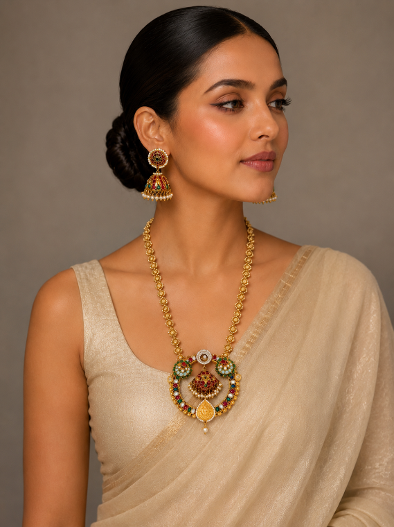 Heritage Polki Long Pendant Necklace & Jhumka Set