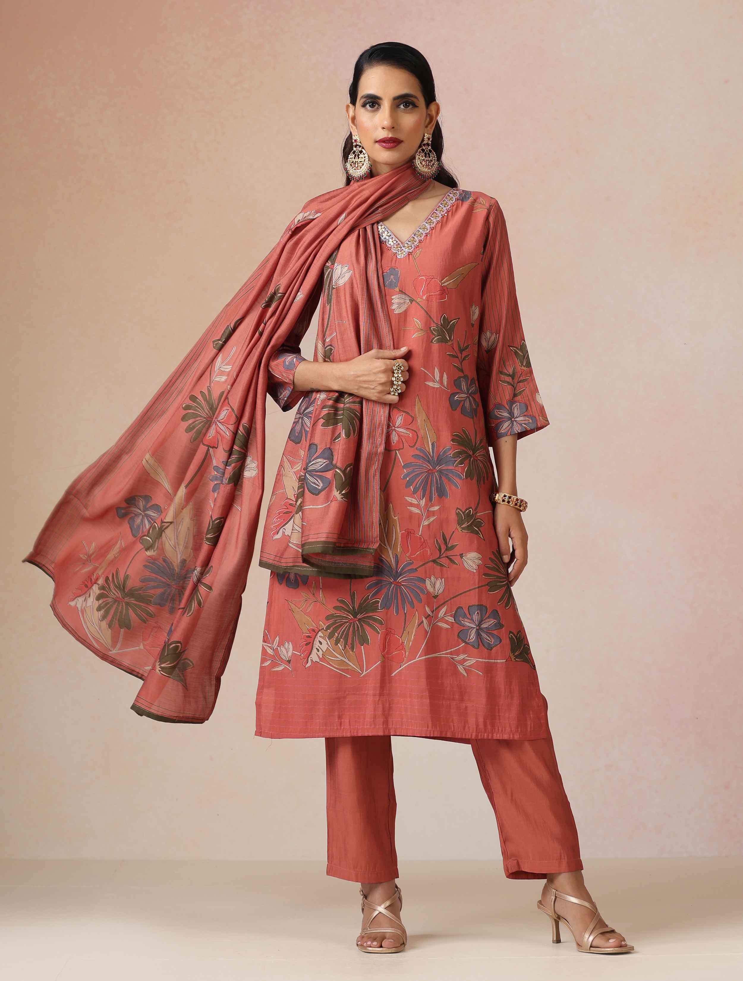 trueBrowns Rust Embroidered Straight Kurta 3pc Set