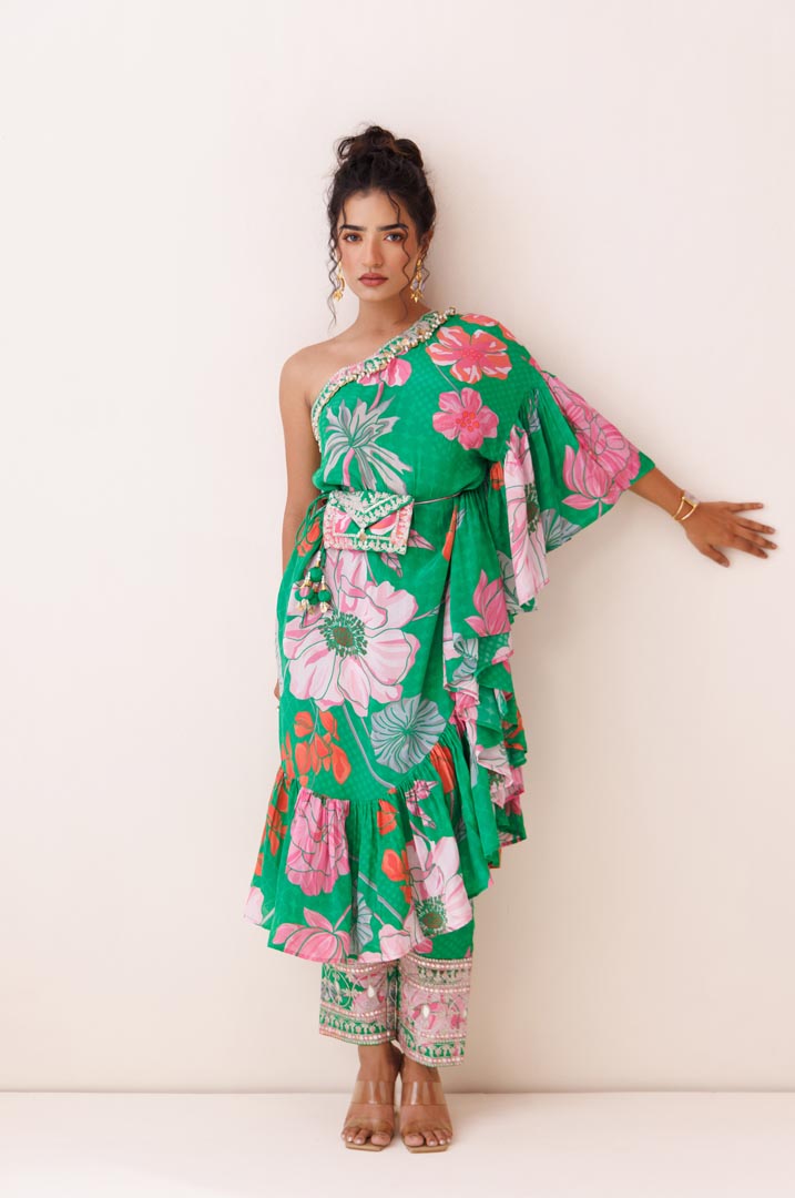 Green one- shoulder co- ord set