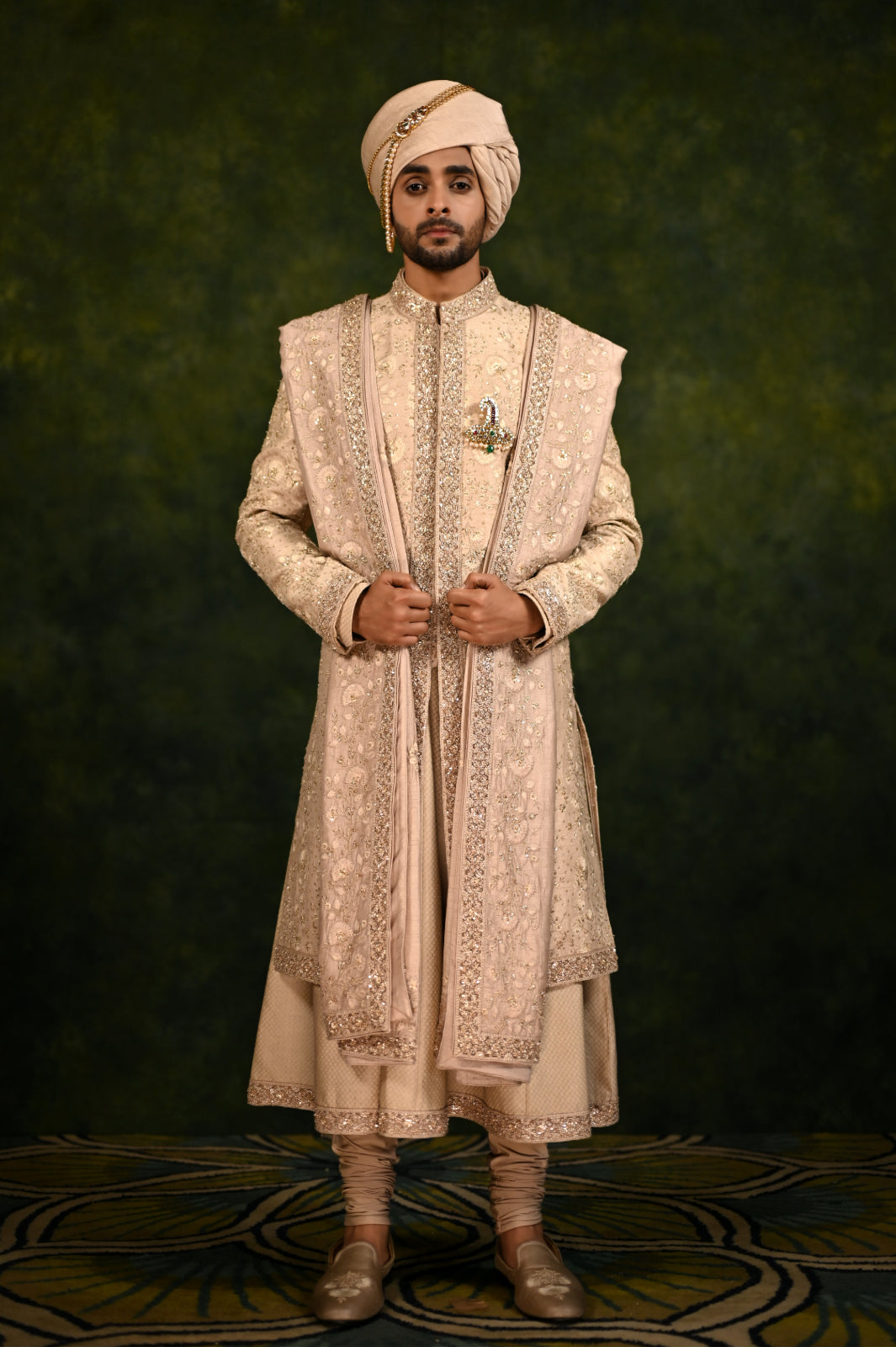 mushroom dabka and threadwork sherwani set