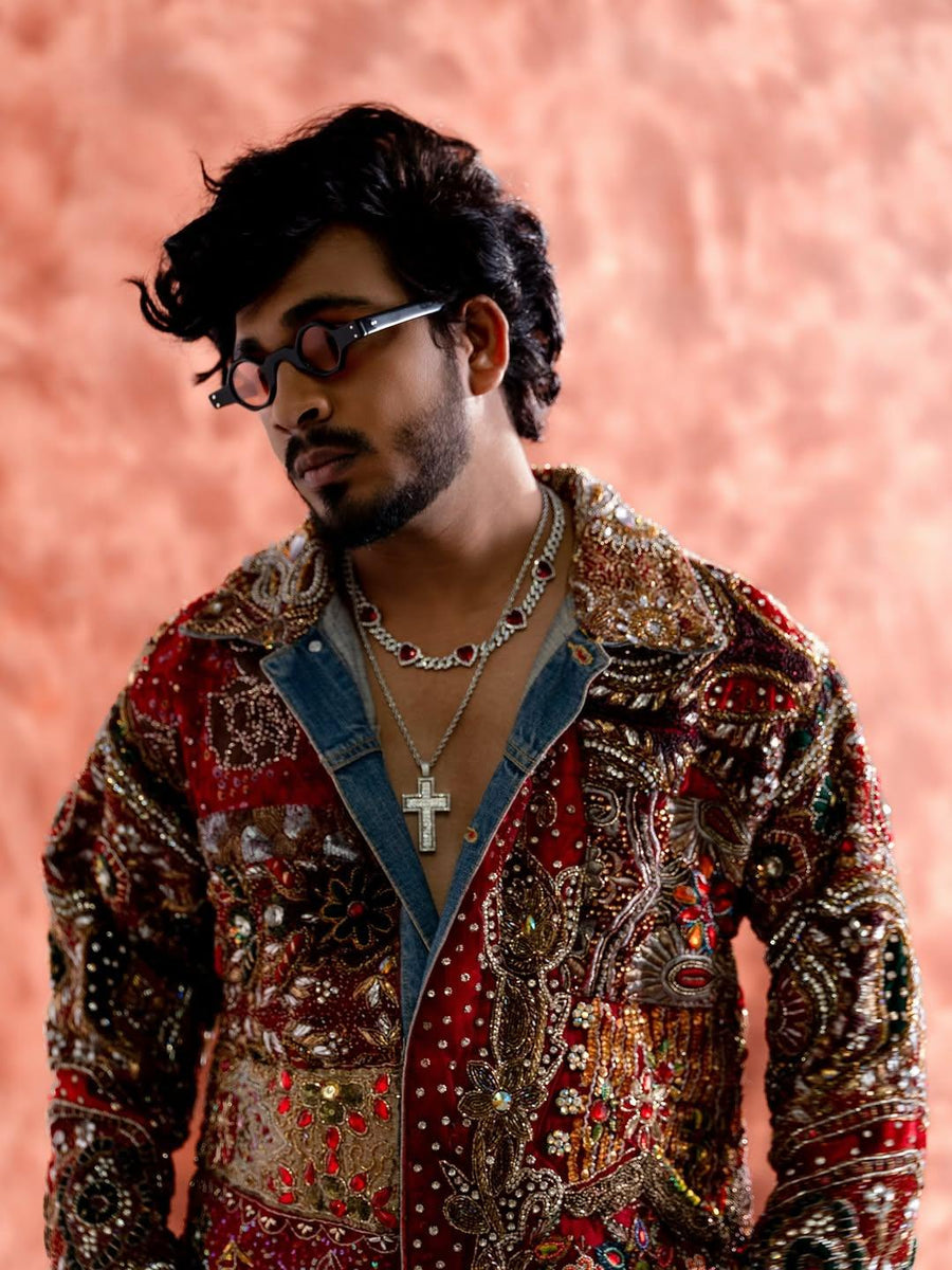 Ranjha Royale Hand-Embellished Patchwork Denim Jacket for Men