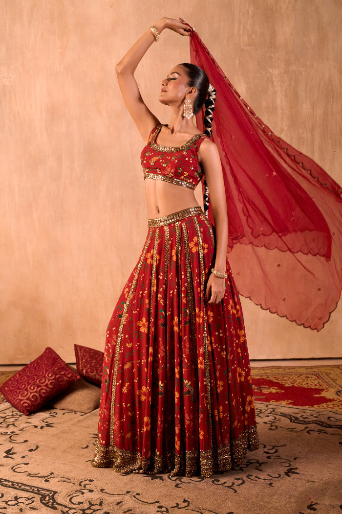 RED PRINT EMBROIDERED CHOLI, LEHENGA AND DUPATTA SET - image 1