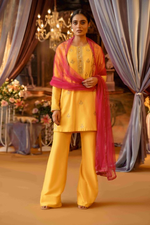 Yellow Suit with Pink Dupatta - image 1