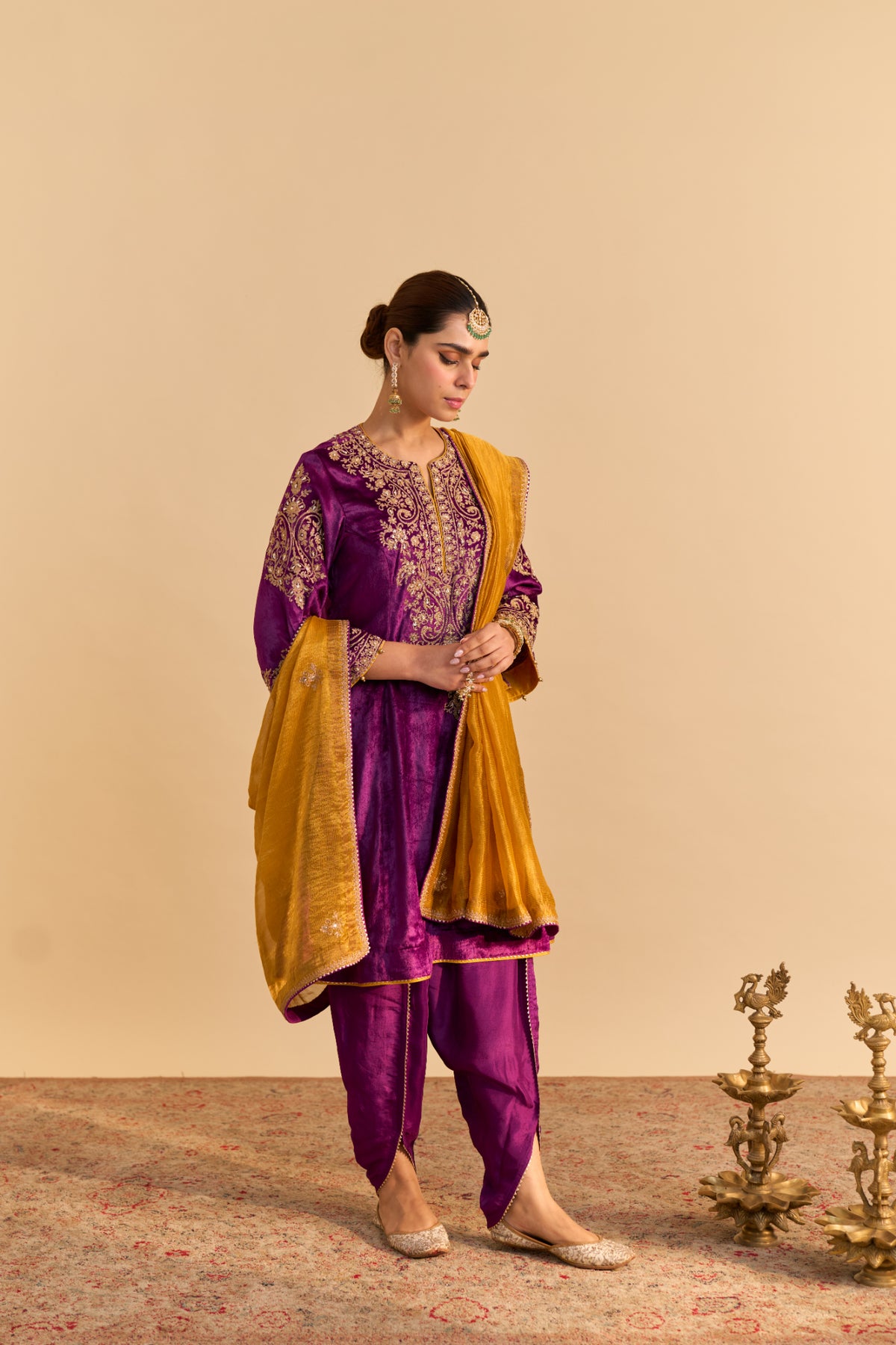 Deep Purple Velvet A-Line Kurta with Tulip Dhoti Suit Set