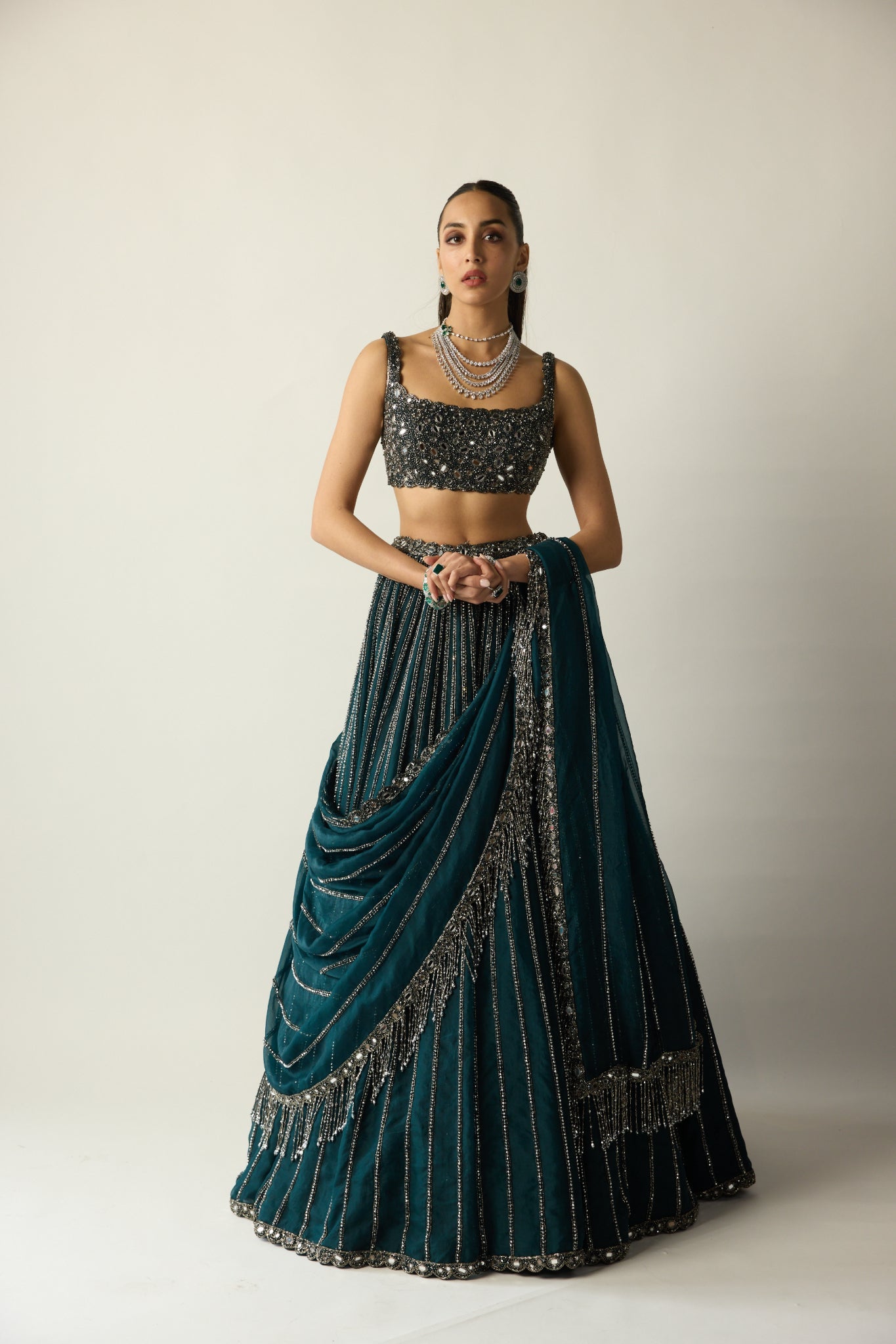 Dark Teal Linear Lehenga Set