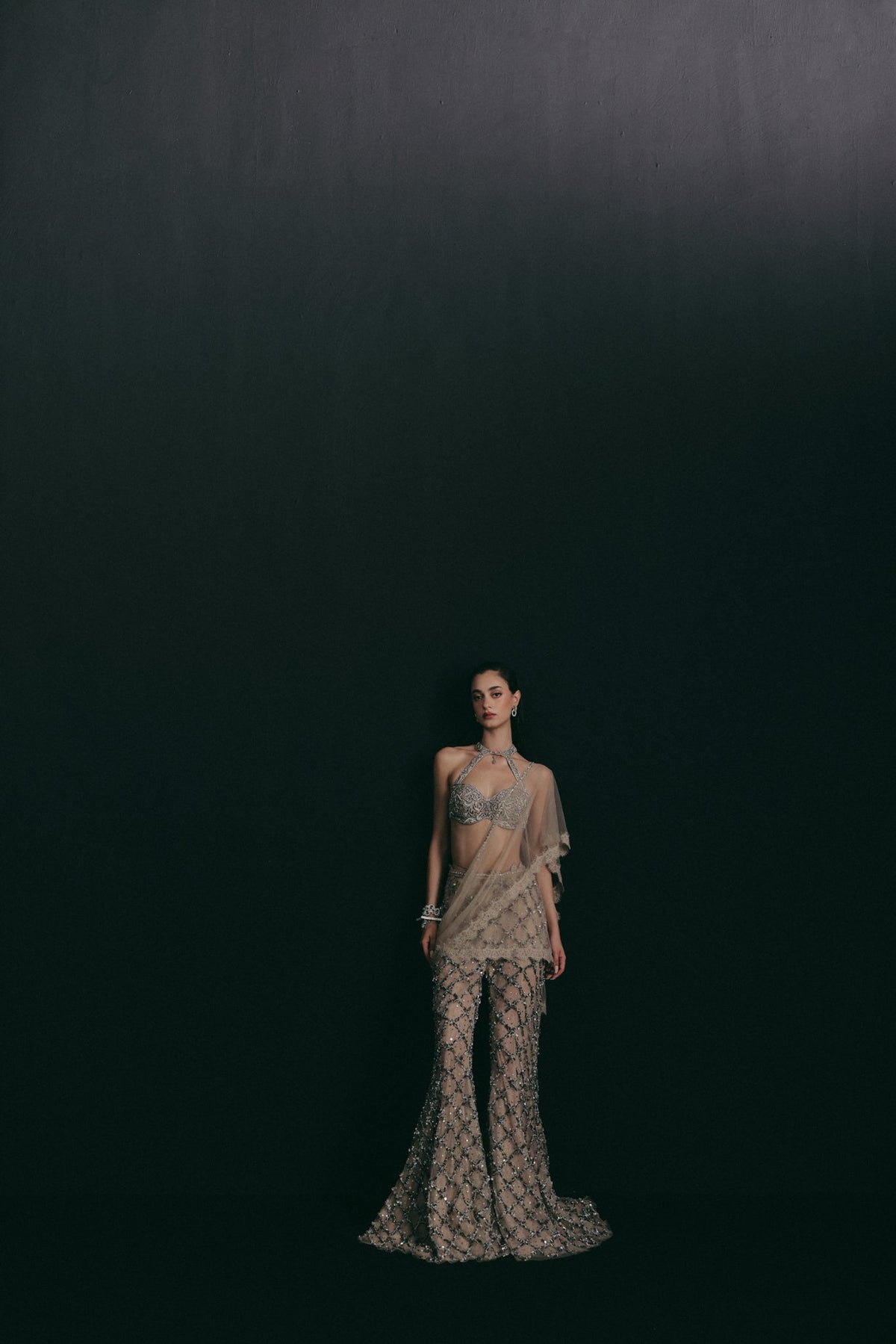 Zardosi Filigree Embroidery, Tulle & Silk with French Lace, Pant Set, Halter Crop Silhouette