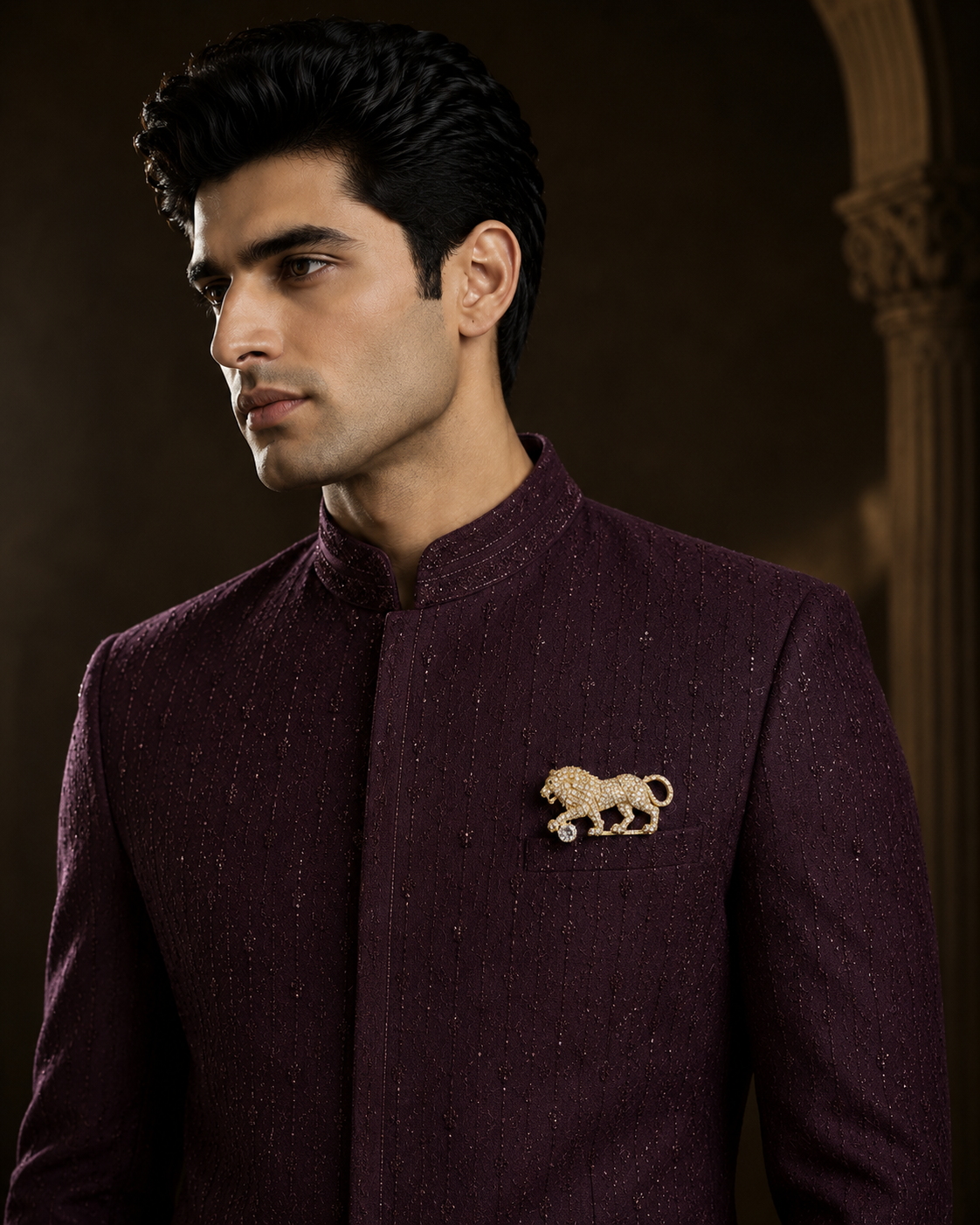 Gold Plated Zircon Lion Motif Brooch