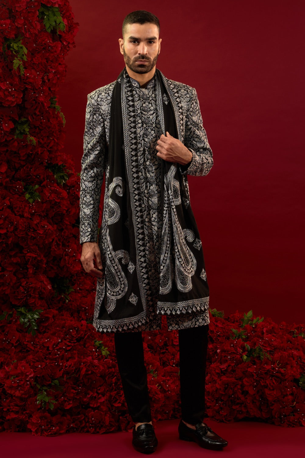 Black silk sherwani with silver machine work