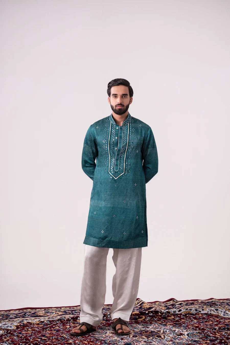 Teal Green Embroidered Linen Silk Kurta