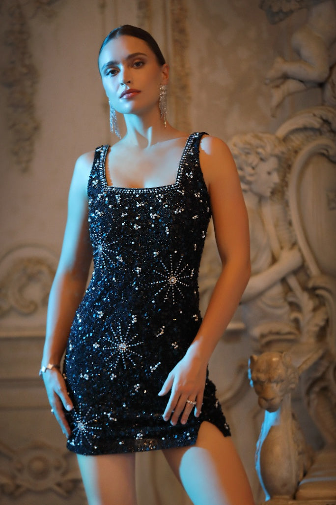 Stella Noir Crystal Mini Dress - Chic Black Sequin Party Wear
