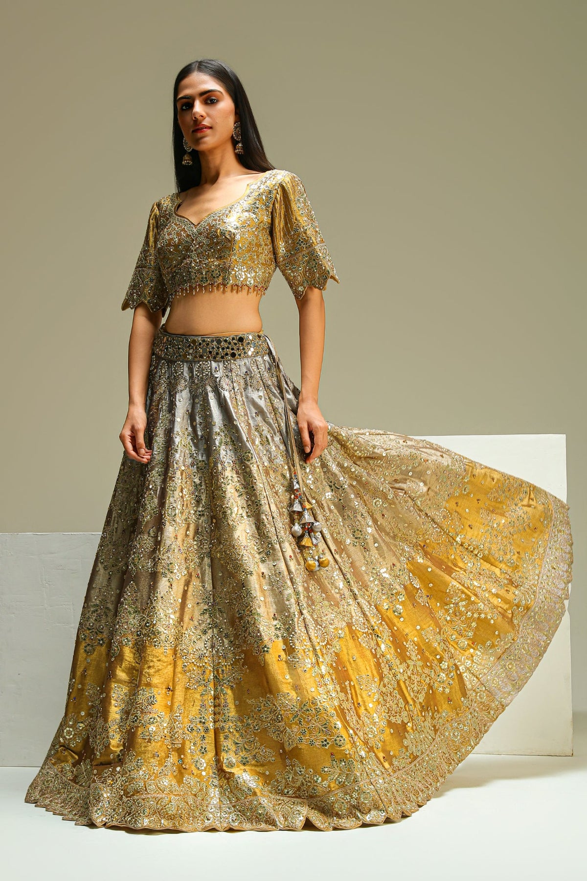 Golden & Blue Tissue Jacquard Lehenga Set with Dupatta
