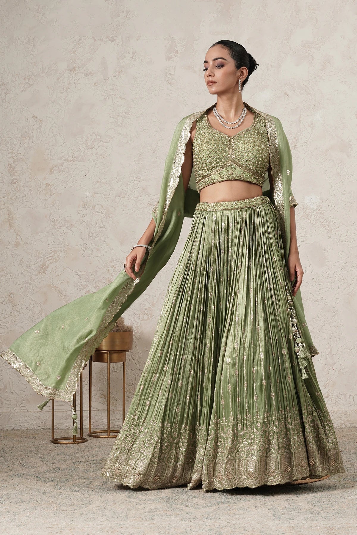 Hina Crushed Lehenga Set with Hand-Embroidered Blouse & Dupatta | Green |  Women | THETAA