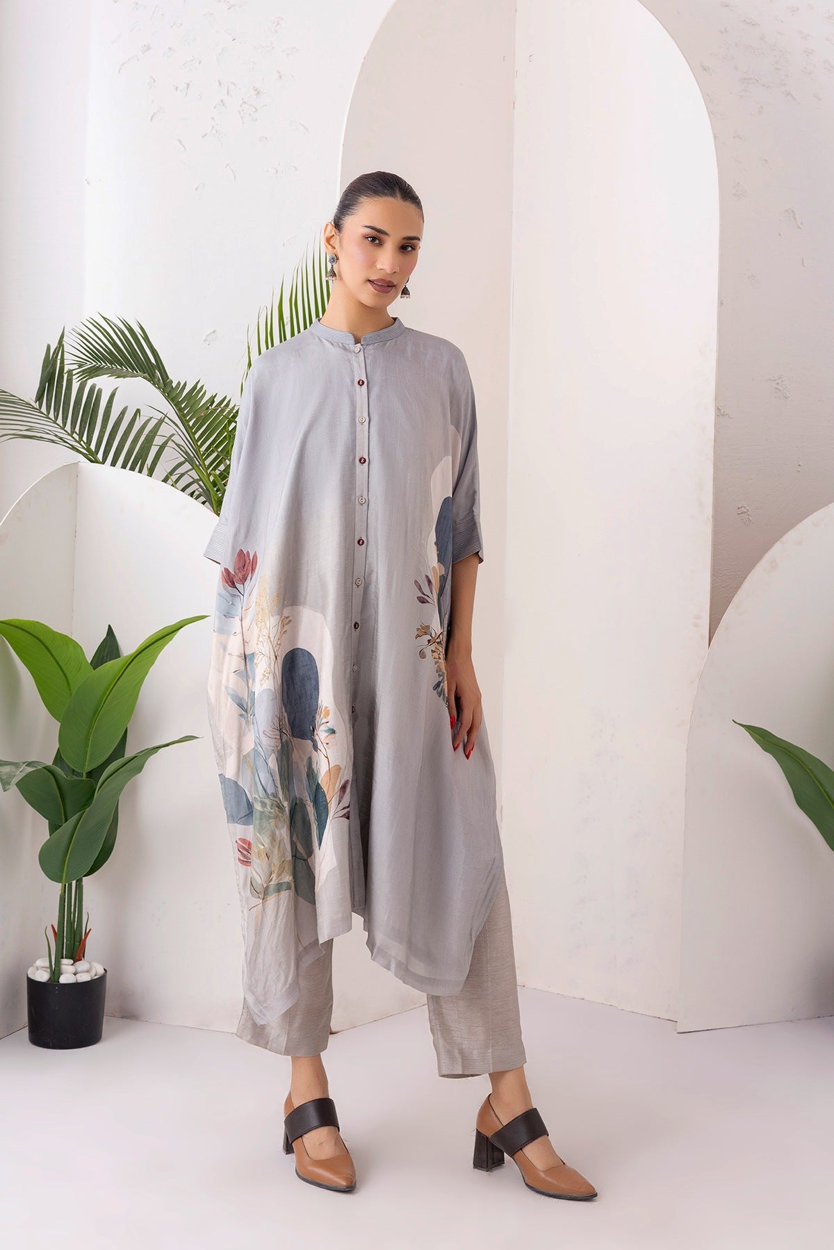 Grey Viscose Dupion Printed Kaftan Style Dress Set (3 PCS)