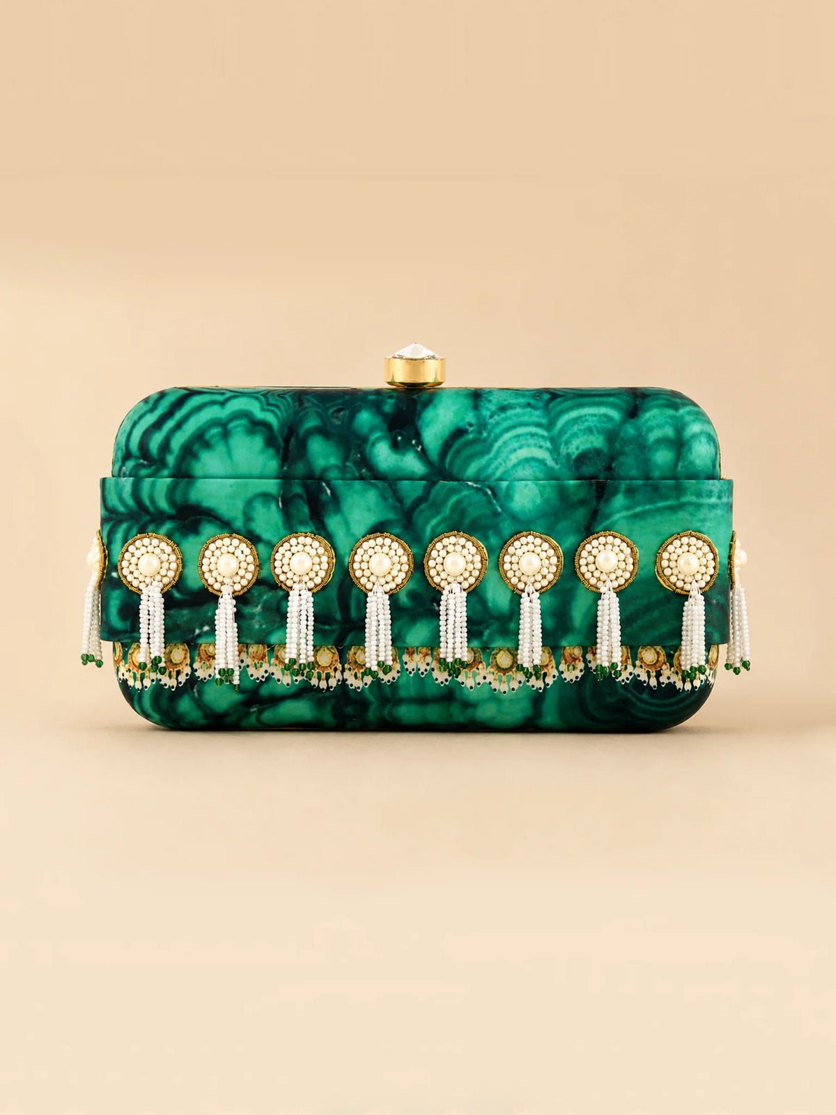Green Jade Print Clutch Bag with Pearl Tassel Embellishment
