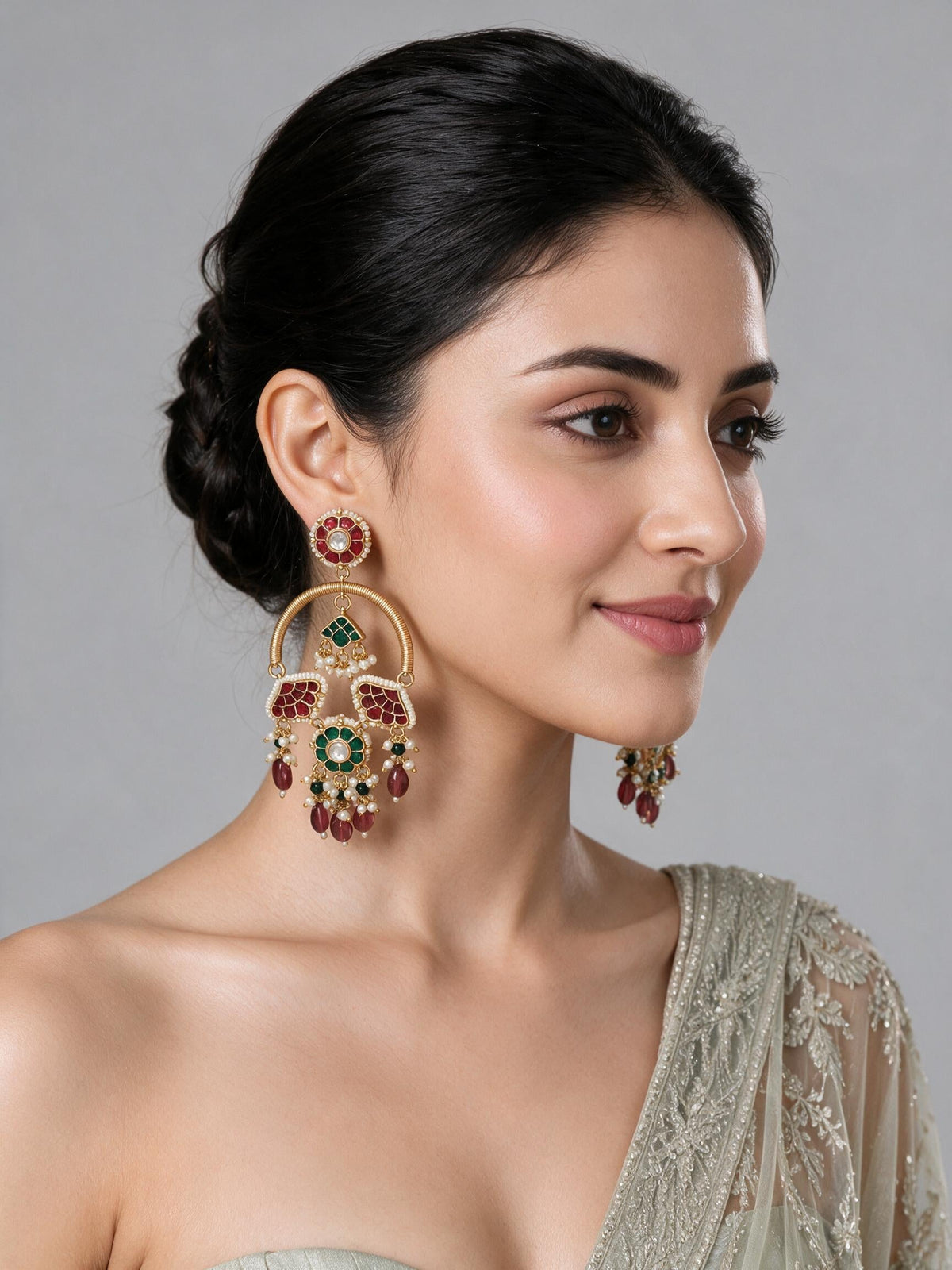 Red Green Gold-Tone Statement Earrings
