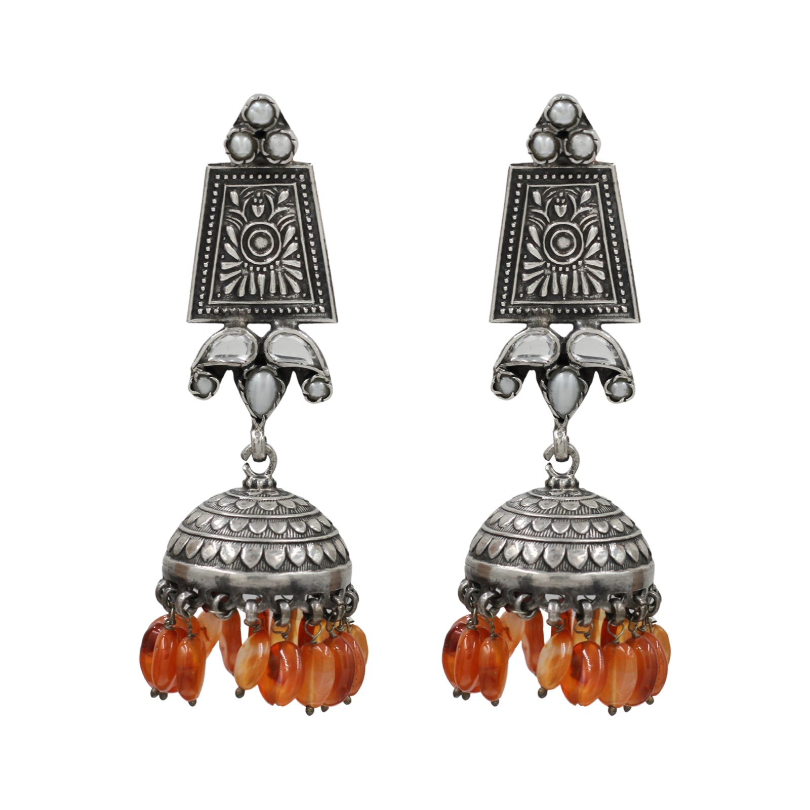 Sangeeta Boochra Heritage Oxidised Silver Earrings with Orange Hanging Beads