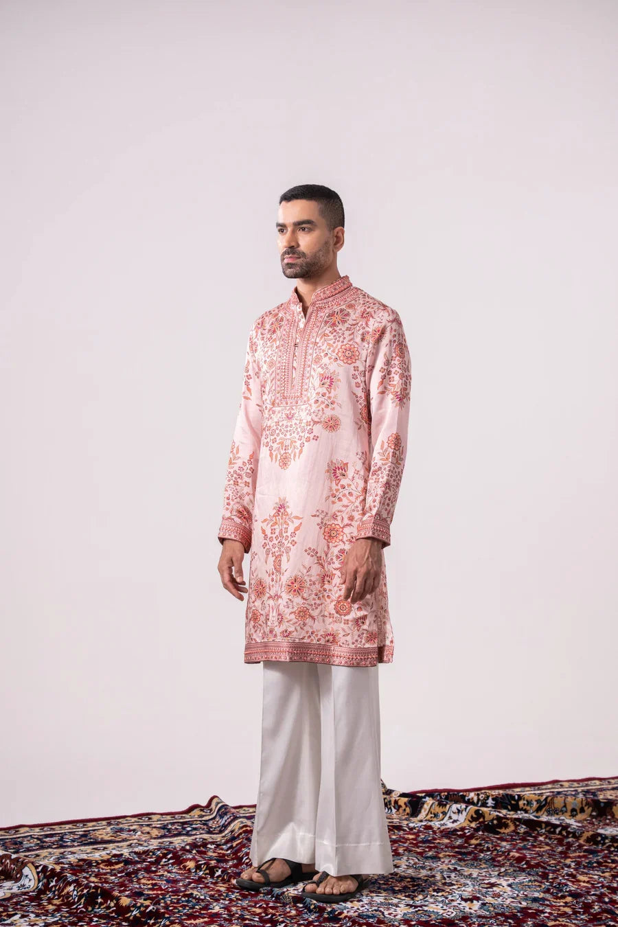 Light Purple Floral Linen Satin Kurta