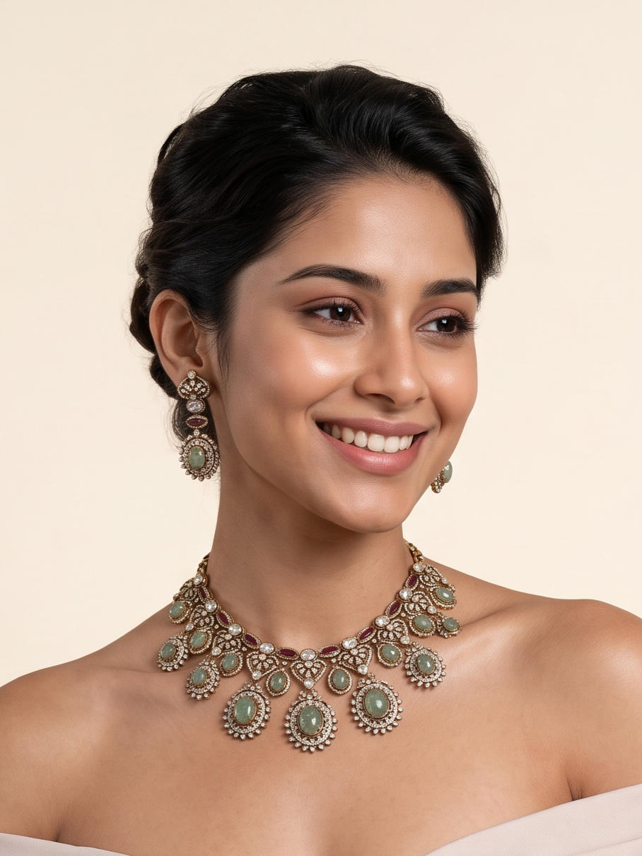 Sage Green Semi-Precious Stone Zircon Necklace Set