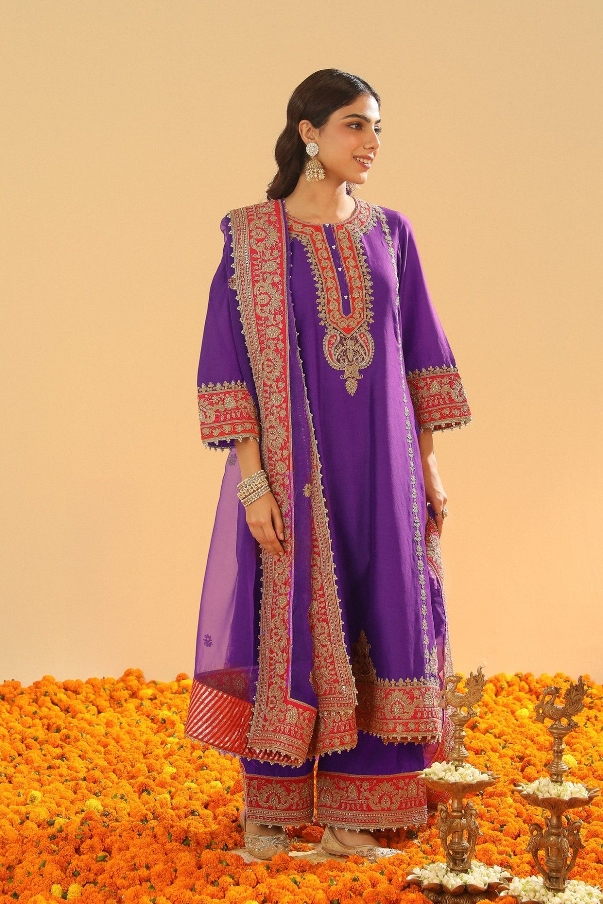 Maisha - Deep Purple Long A-line Kurta with Palazzo and Dupatta